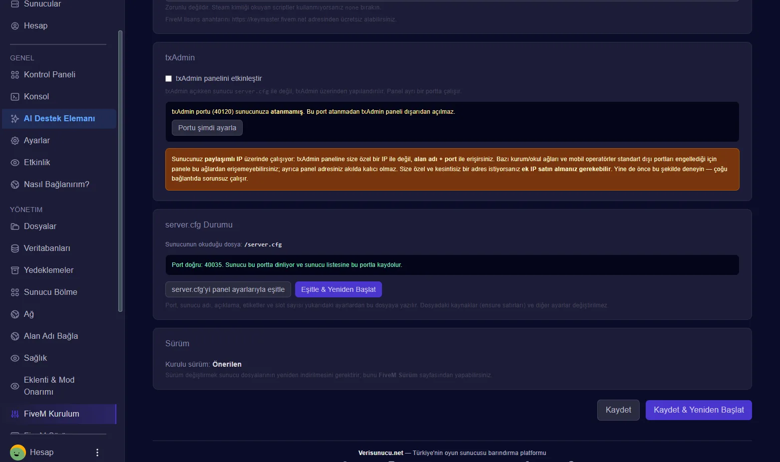 FiveM paneli — txAdmin ve server.cfg