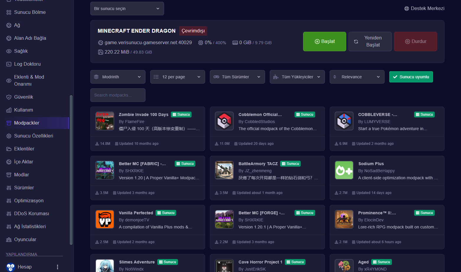Sunucu uyumlu Minecraft modpack kütüphanesi