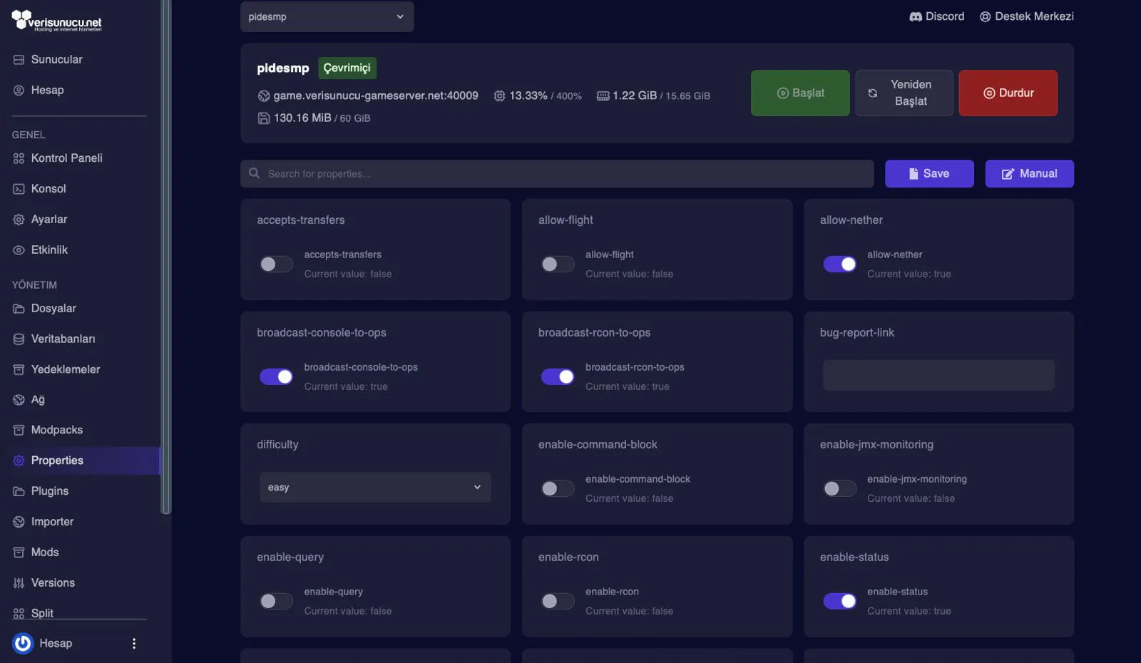 Core Keeper yönetim paneli — Server Properties UI