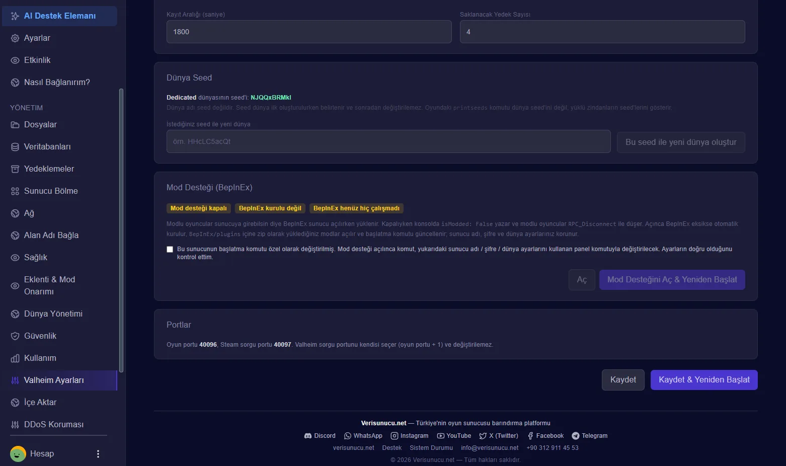 Valheim paneli — Seed ve Mod Desteği (BepInEx)