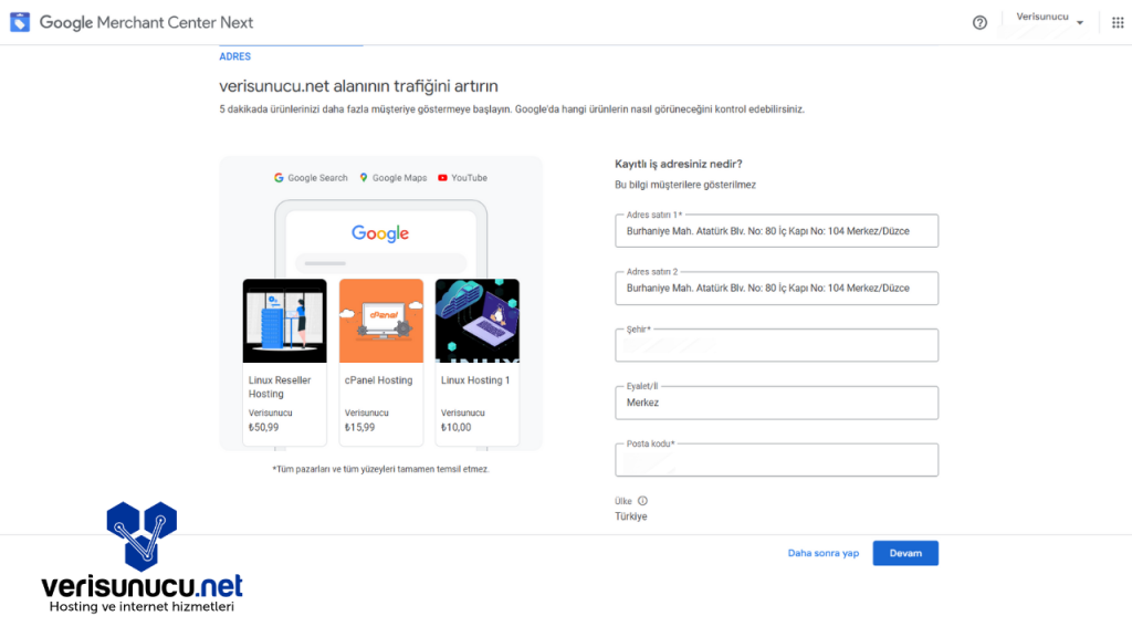 Google Merchant Center Adres