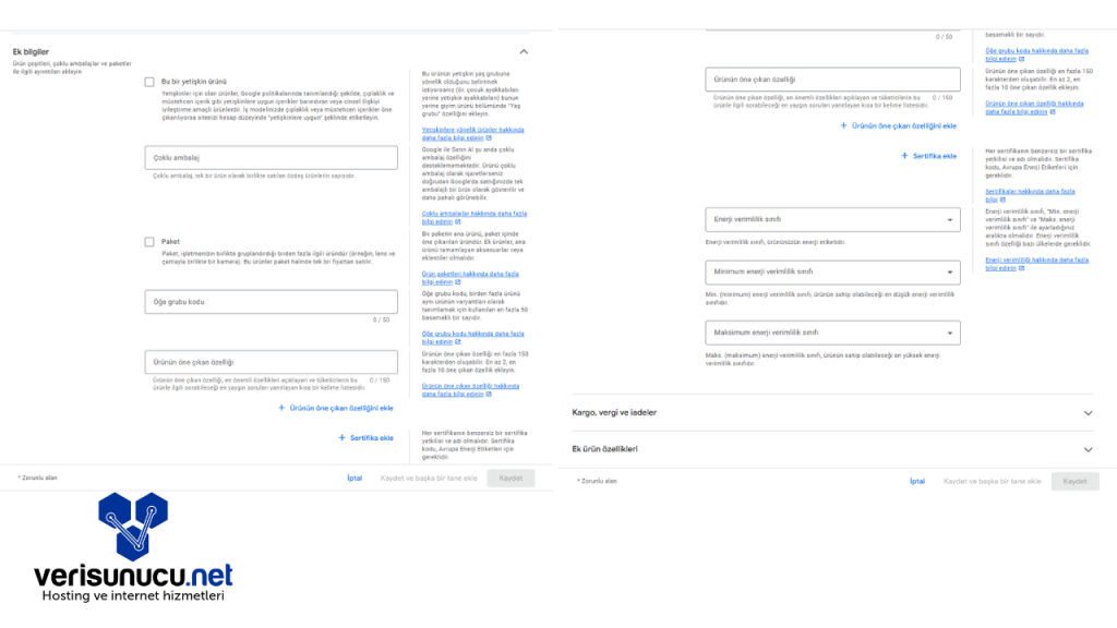 Google Merchant Center Ek Bilgiler
