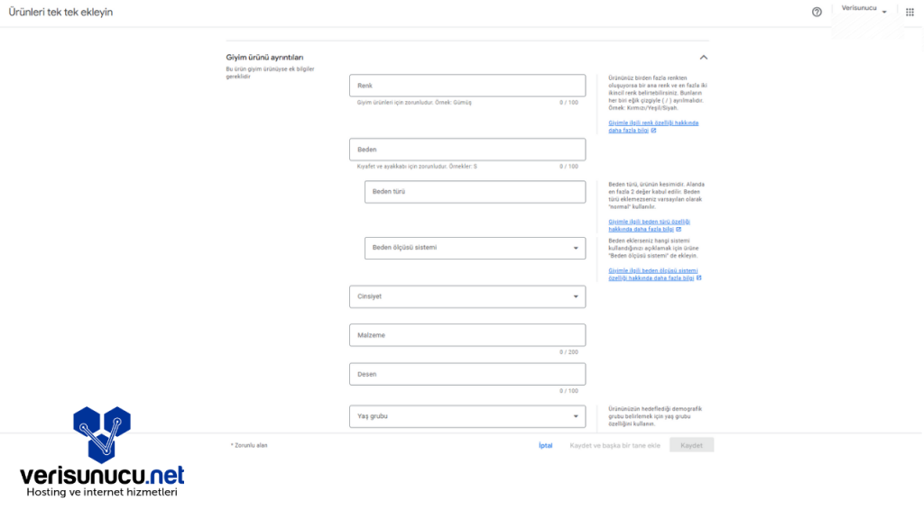 Google Merchant Center Giyim Ayrıntıları