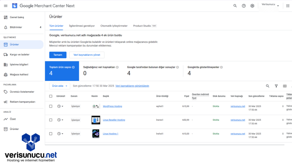 Google Merchant Center Tüm Ürünler Sayfası