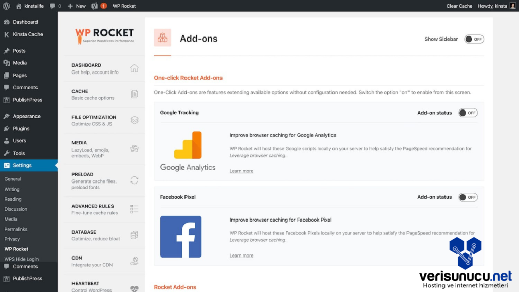 Wp-Rocket Uzantılar Sayfası