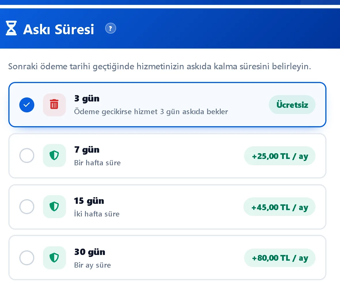 Askı süresini siz seçin – Müşteri Paneli ekran görüntüsü