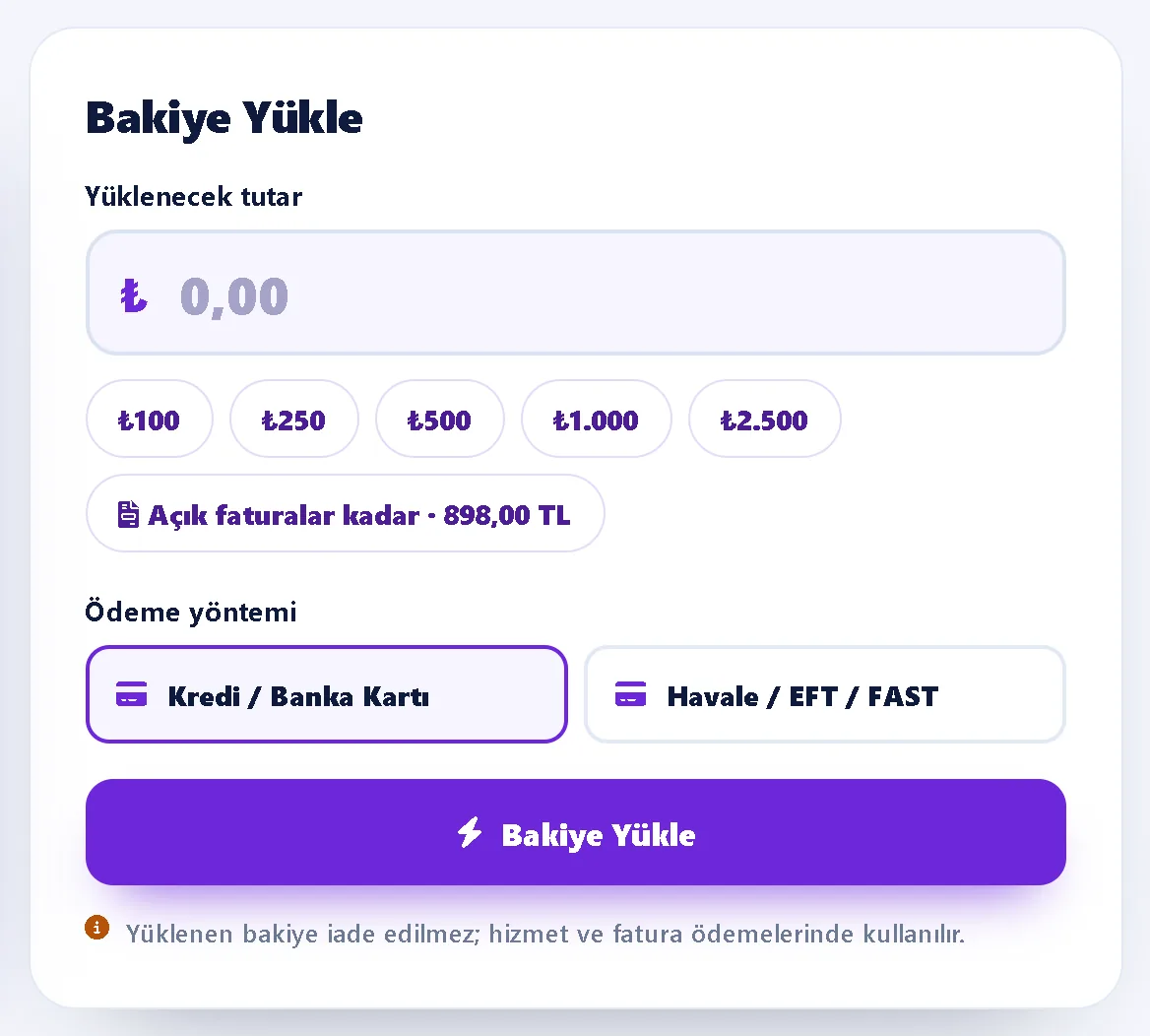 Bakiye yüklerken "Açık faturalar kadar" – Müşteri Paneli ekran görüntüsü