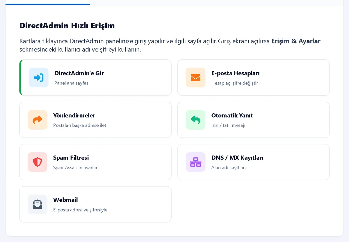 Kurumsal e-posta: tek tıkla DirectAdmin – Müşteri Paneli ekran görüntüsü