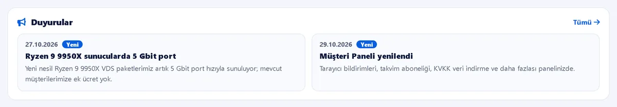 Ana sayfada duyurular – Müşteri Paneli ekran görüntüsü