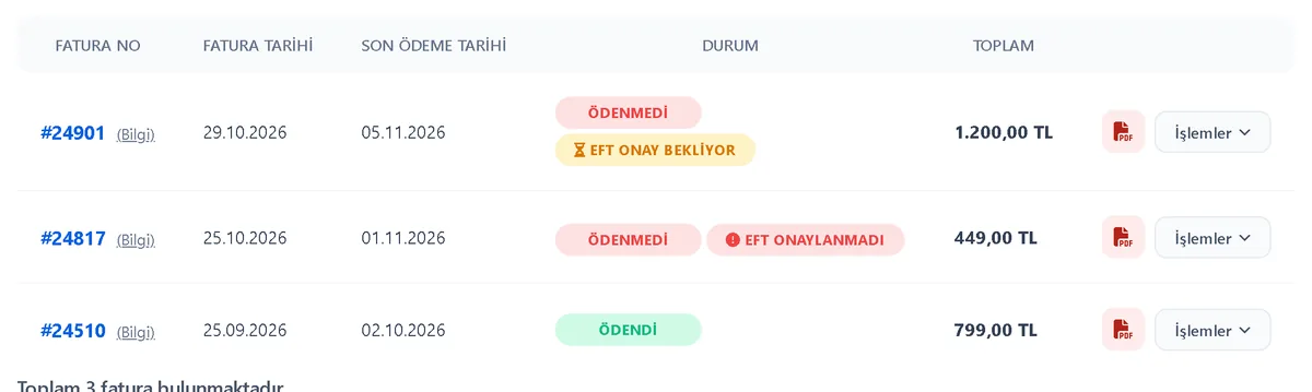 Havale / EFT bildirim durumu – Müşteri Paneli ekran görüntüsü