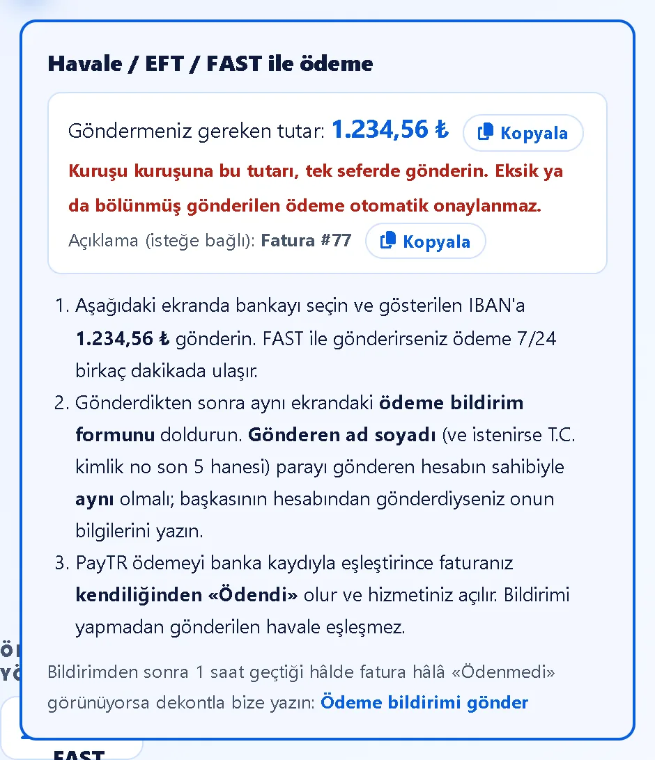Havale / EFT bilgilerinde tek tıkla kopyalama – Müşteri Paneli ekran görüntüsü