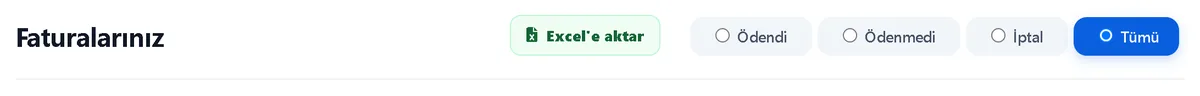 Faturaları Excel'e aktarın – Müşteri Paneli ekran görüntüsü