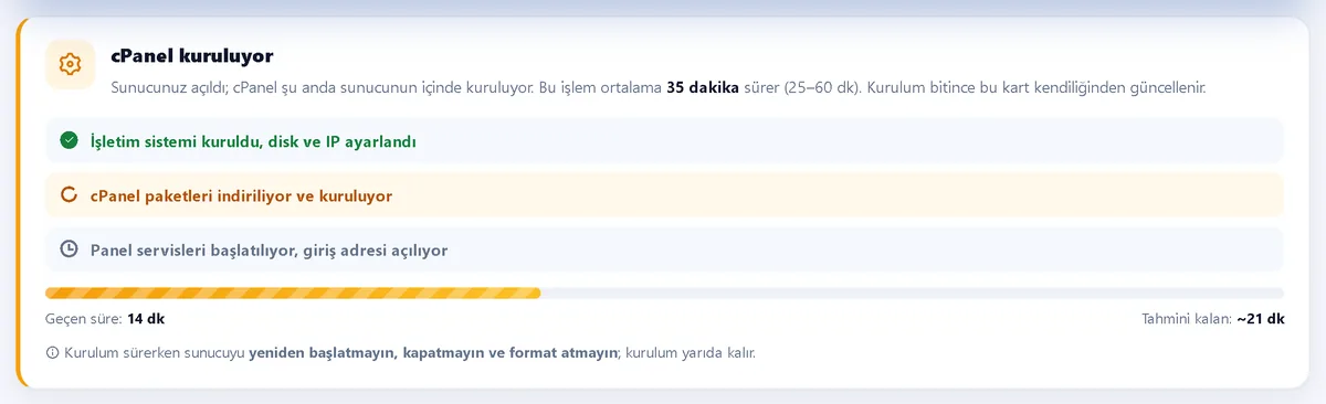 cPanel / Plesk kurulum takibi – Müşteri Paneli ekran görüntüsü