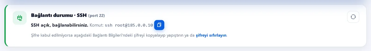 SSH / RDP bağlantı durumu – Müşteri Paneli ekran görüntüsü
