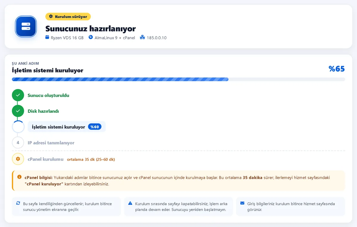 Sunucu kurulum ilerleme ekranı – Müşteri Paneli ekran görüntüsü