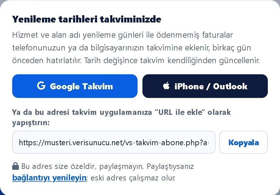 Yenileme tarihleri takviminizde – Müşteri Paneli ekran görüntüsü