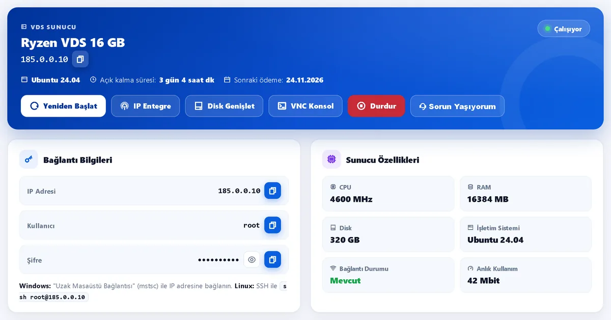 Yenilenen VDS yönetim ekranı – Müşteri Paneli ekran görüntüsü
